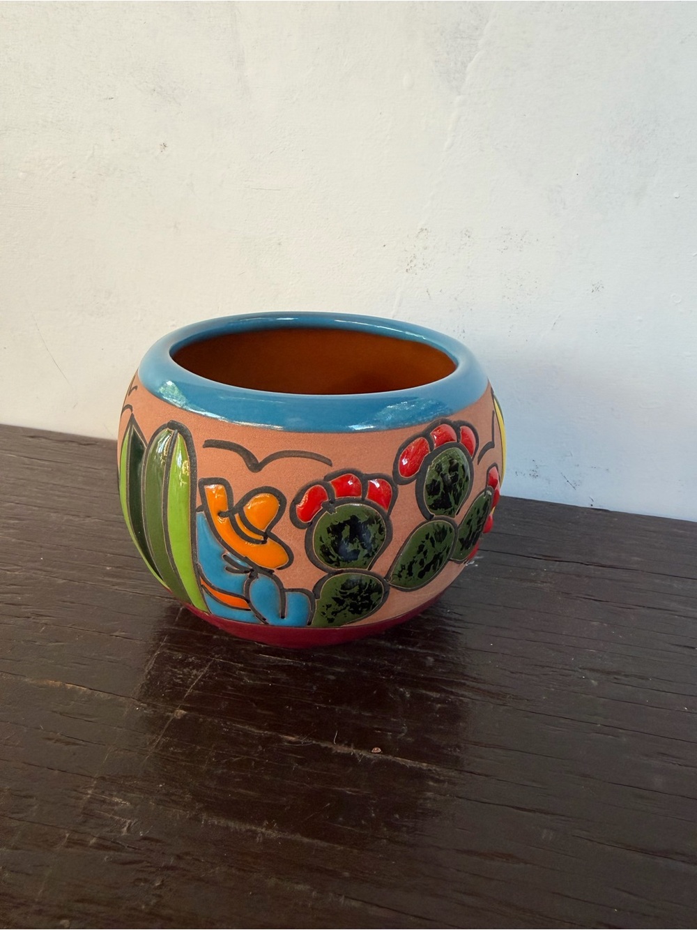 Hand-Painted Terracotta Planter Pot with Blue Rim and Cactus Motif